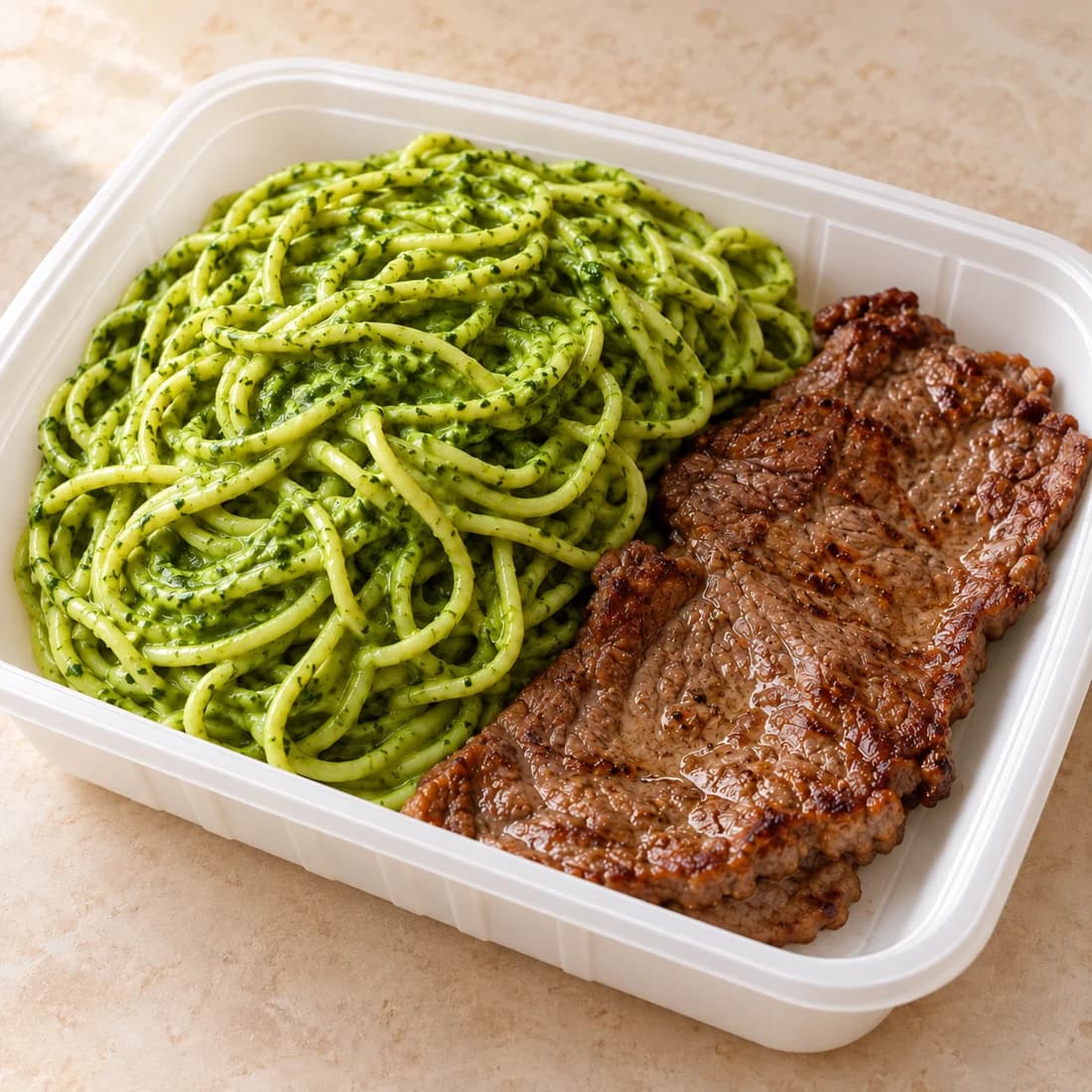 Tallarines verdes peruanos con bistec en un envase plástico descartable; imagen referencial
